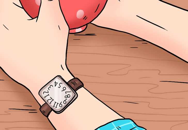 Slika uganke: roka z uro, kjer manjka številka 10